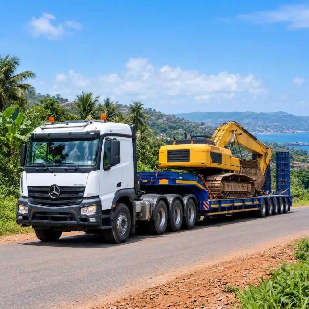 A heavy-duty truck carrying industrial machinery along a rural road in Sierra Leone, or a low-loader transporting an excavator.