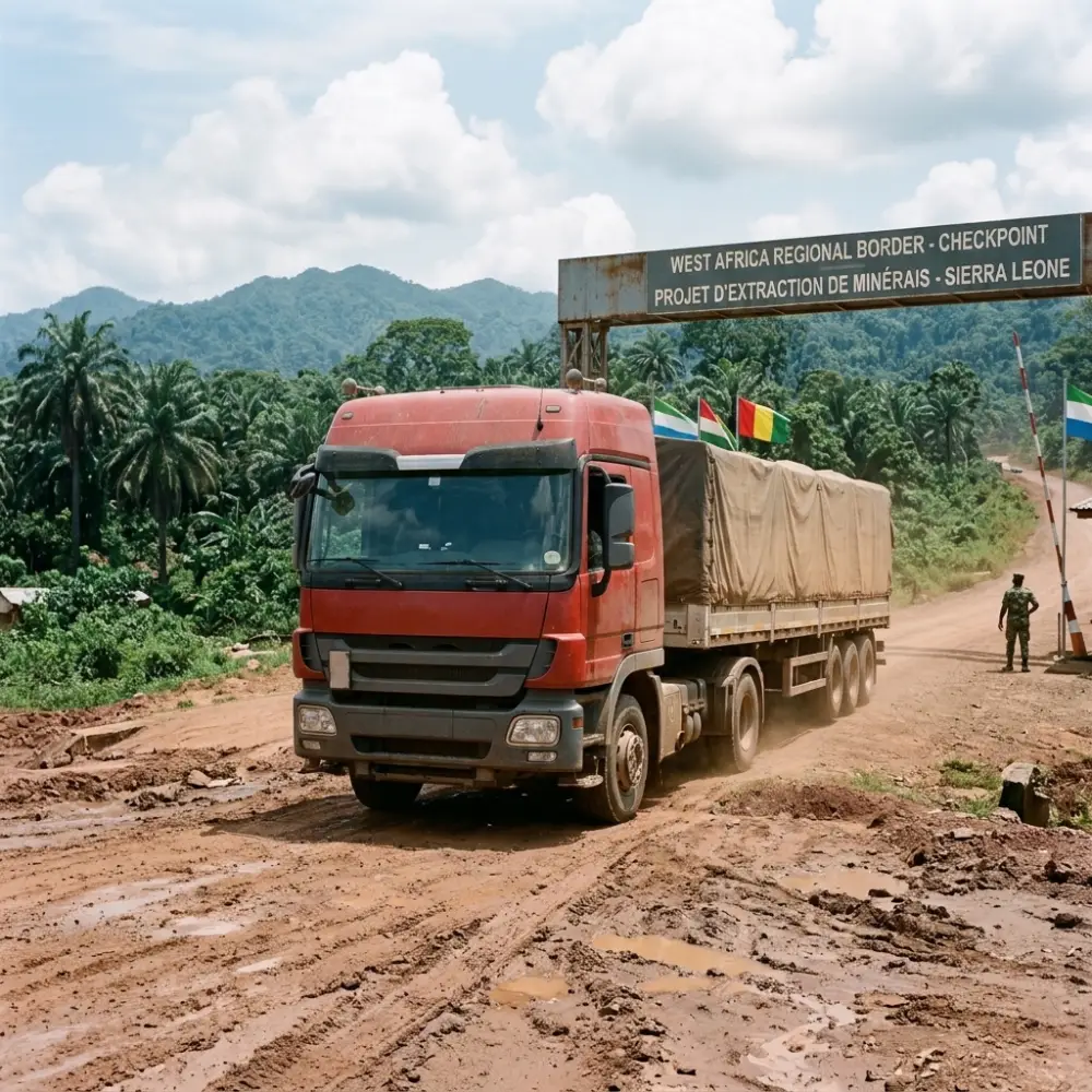 A heavy-duty freight truck approaching a regional border crossing in West Africa.