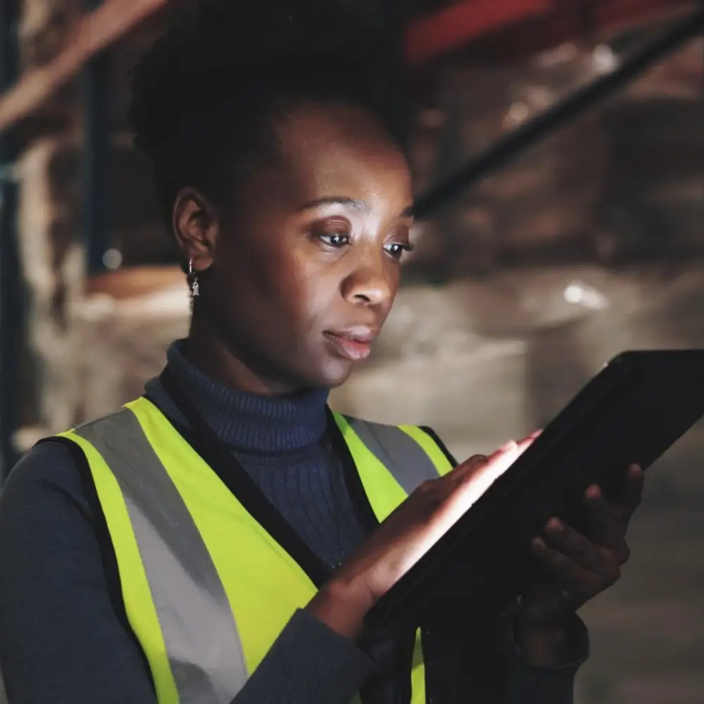 Professional logistics manager using a digital tablet for real-time inventory oversight and supply chain management at IFD Logistics.